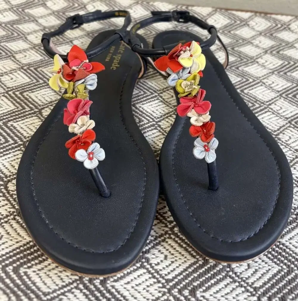 Kate Spade Rosalie T strap Flat Sandals Women 6M Leather Navy Blue Upper Floral